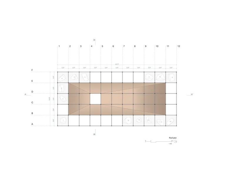 Roof plan drawing displaying a sloped triangular surface within the rectangular gridded structural frame