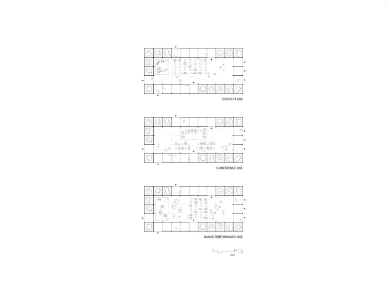 Floor plan drawings illustrating three programmatic configurations with furniture layouts for concert, conference and dance performance uses