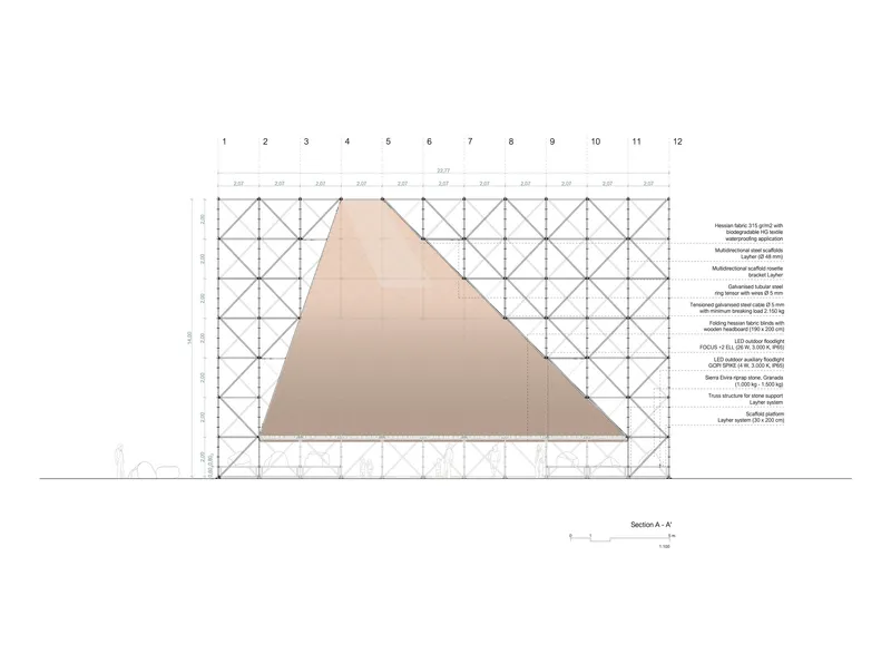 Section drawing revealing the triangular profile of the sloped surface within the open structural grid frame