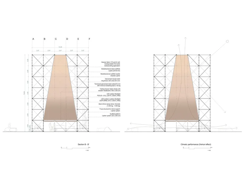 Section drawing showing a tapered volume within a scaffolded structure with material specifications