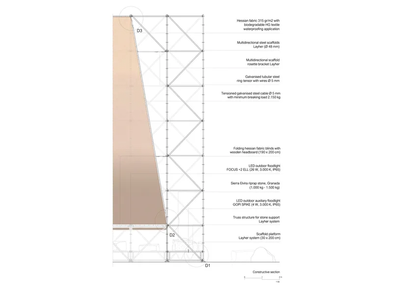 Construction section detail showing the layered assembly of a sloped facade with steel framing