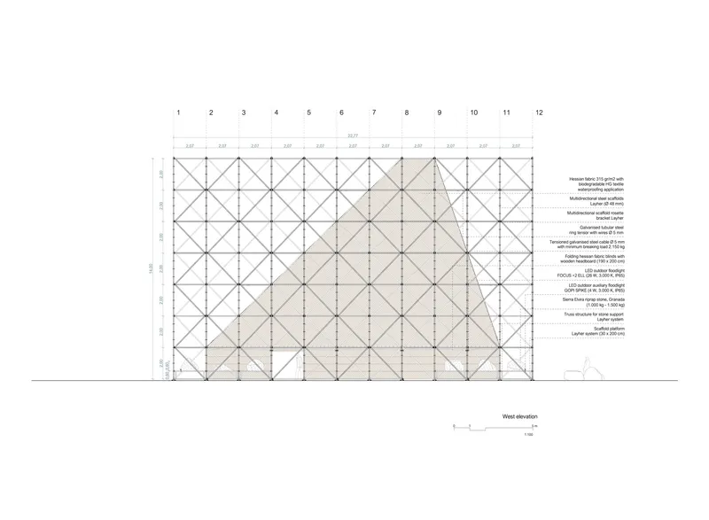 West elevation drawing showing a repetitive grid of diagonal bracing across twelve bays
