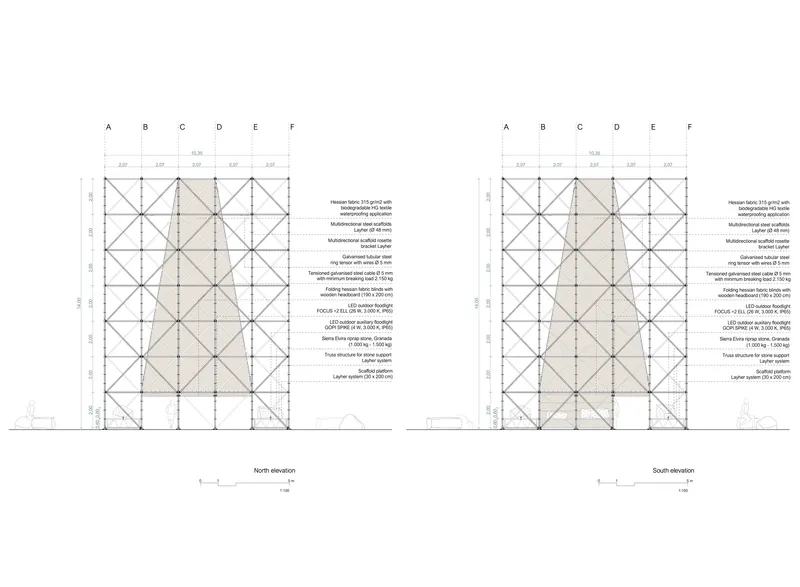 North and south elevation drawings showing matching gridded facades with diagonal bracing patterns
