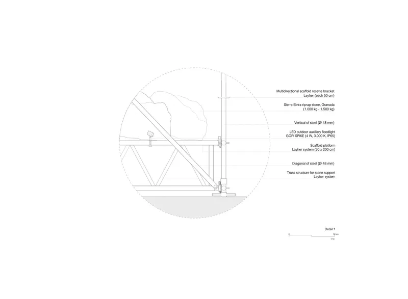 Detail drawing showing the connection of diagonal bracing to a platform with LED outdoor fixtures