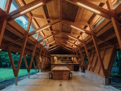 Three Roofs Timber Hall by OOTT in Karuizawa