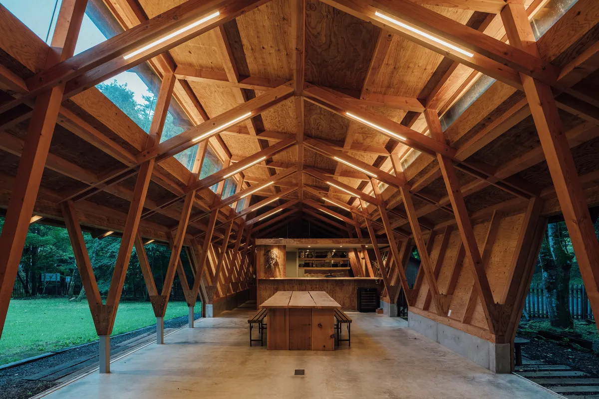 Three Roofs Timber Hall by OOTT in Karuizawa
