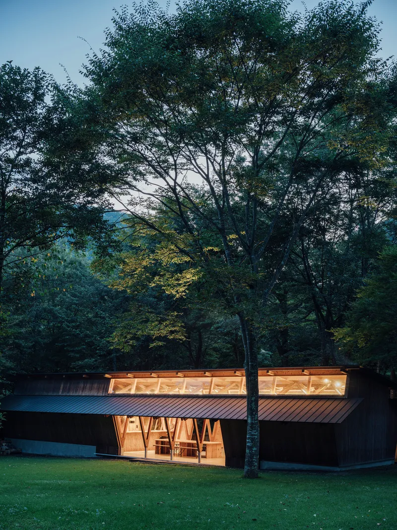 Facade with clerestory windows and diagonal timber columns illuminated at dusk beneath forest canopy