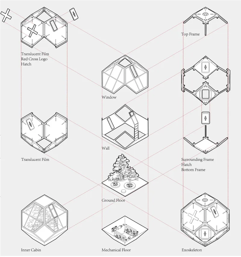 Exploded axonometric reveals prefabricated modular unit system with layered structure, envelope, and mechanical integration.