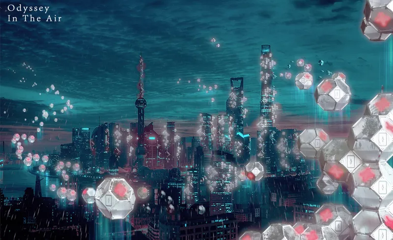 Airborne modular architecture clusters activate above dense cities, forming a responsive layer for future urban living.