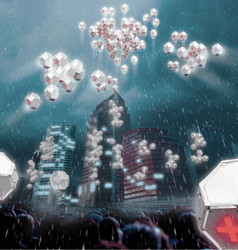 Emergency-ready pods descend and reorganize in crisis scenarios, enabling isolation, safety, and rapid urban response.