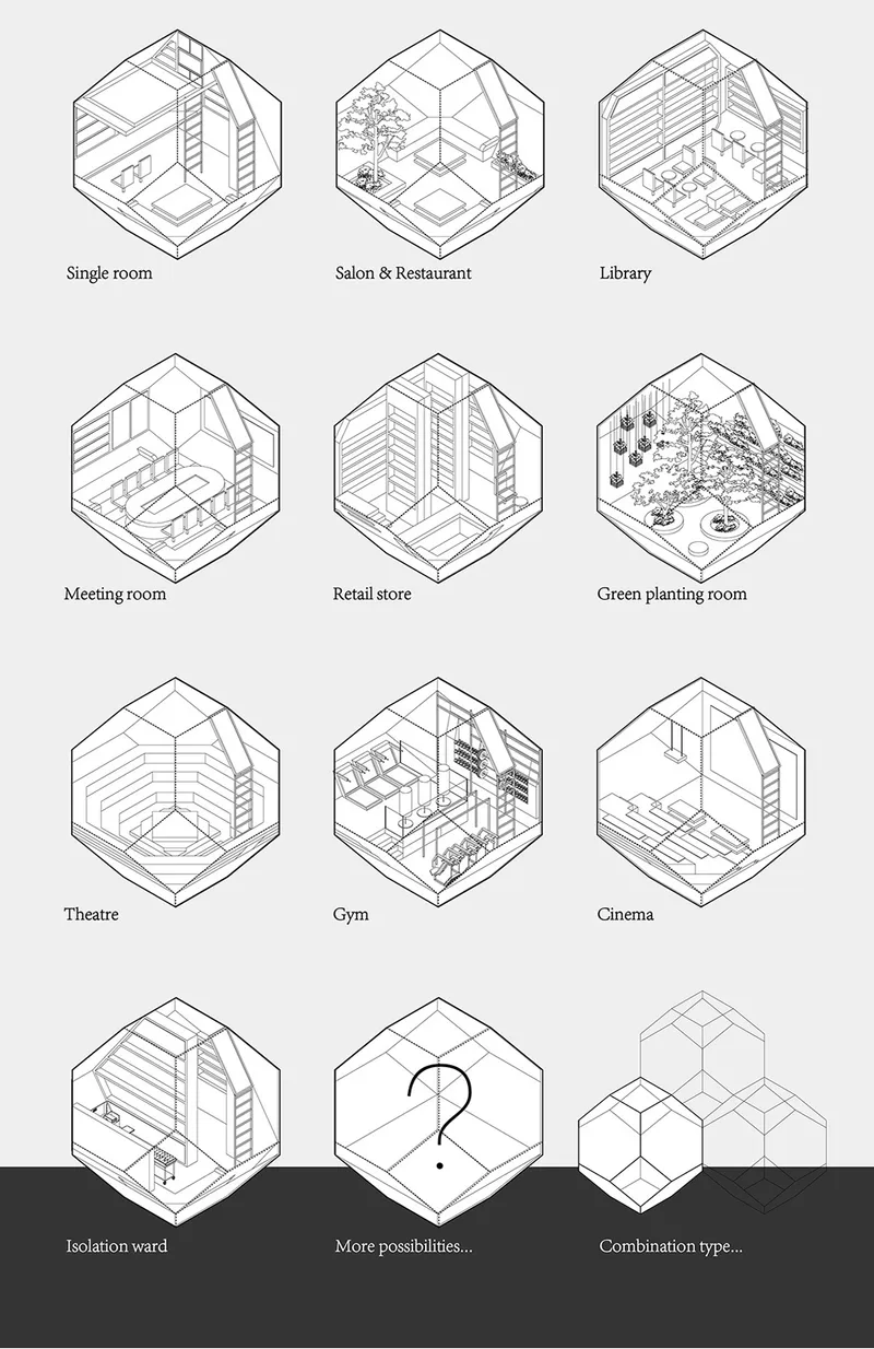 Programmatic flexibility illustrated through modular interiors, from residential and social spaces to healthcare and recreation.