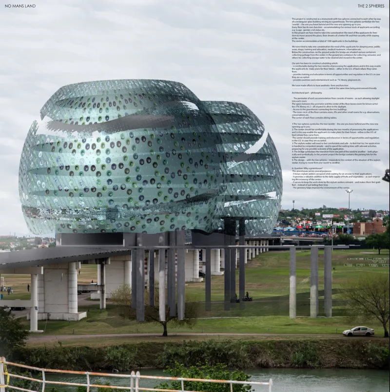 Twin spheres rise as a symbolic gateway between past and future.