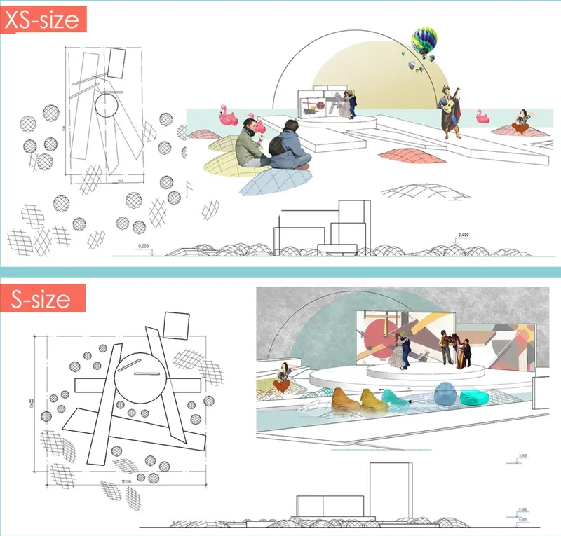 Modular floating theater concepts adapting to different audience scales through flexible public performance architecture.
