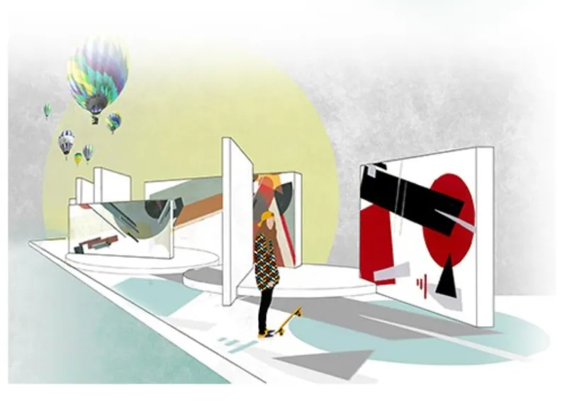 Floating stage walls and artistic installations redefining temporary theater architecture on water.