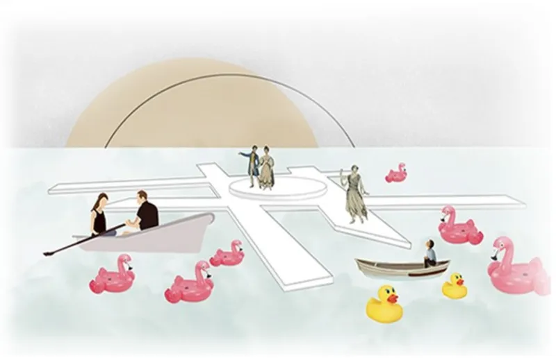 Immersive water-based performance platform blending public interaction, theater, and urban landscape design.