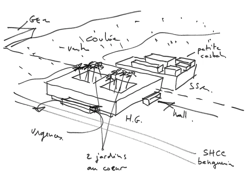 Axonometric sketch showing central courtyard spaces surrounded by building volumes and circulation paths