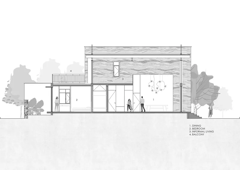 Section drawing showing double-height dining space with textured wall and figures flanked by trees