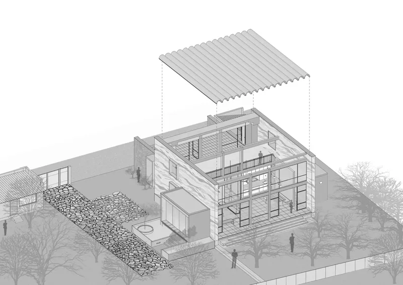 Axonometric drawing with exploded corrugated roof showing internal structural frame and garden courtyard below