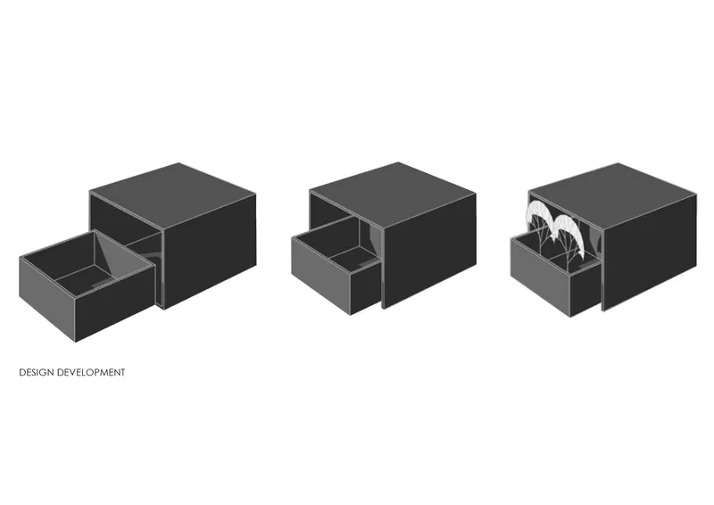 Axonometric drawing showing three stages of sliding box volumes revealing interior courtyards with vegetation