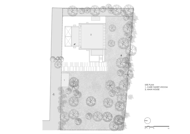 Site plan drawing showing two structures and a caretaker's room surrounded by trees