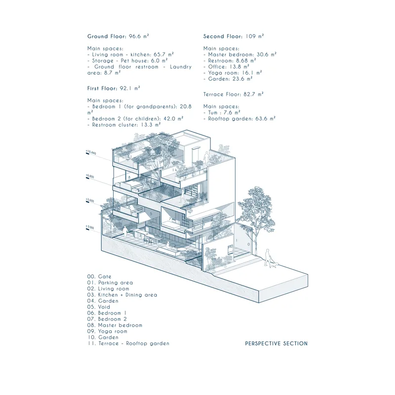 Perspective section drawing illustrating the layered floors with open-air planted terraces and a tree beside the structure