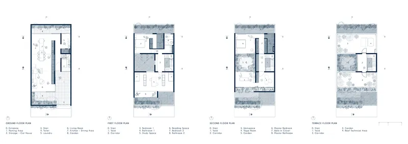 Four floor plan drawings displaying the progression from ground level parking through residential spaces to rooftop garden