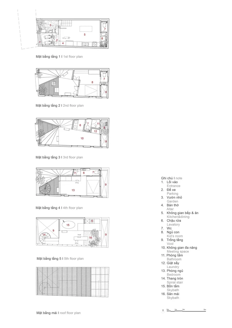 Floor plan drawings showing six levels with stairs and room layouts at different floors