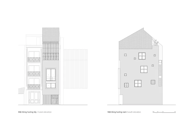 Elevation drawings showing the street facade and south facade with windows and roofline