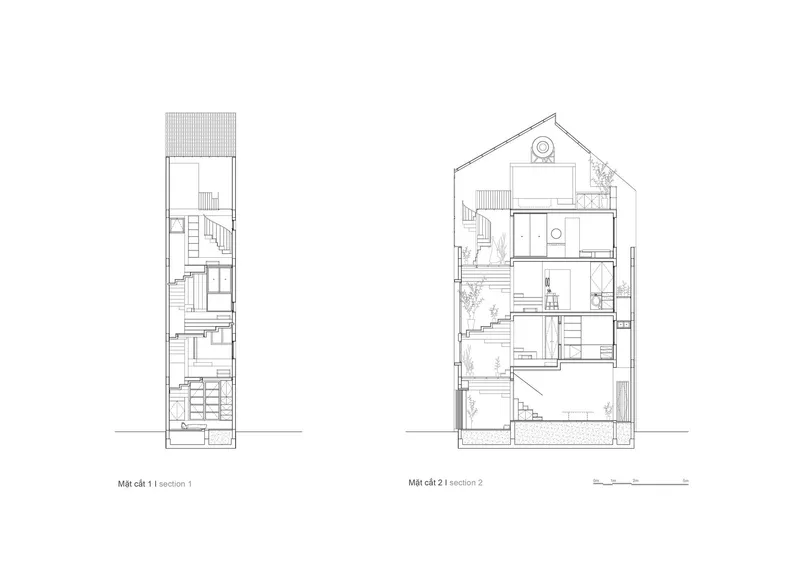 Section drawings revealing the internal stair layout and gabled roof profile across five floors