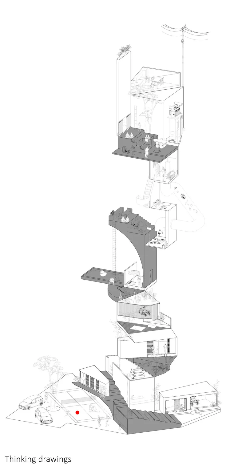 Axonometric drawing showing stacked floor plates with stairs spiraling through the vertical volume