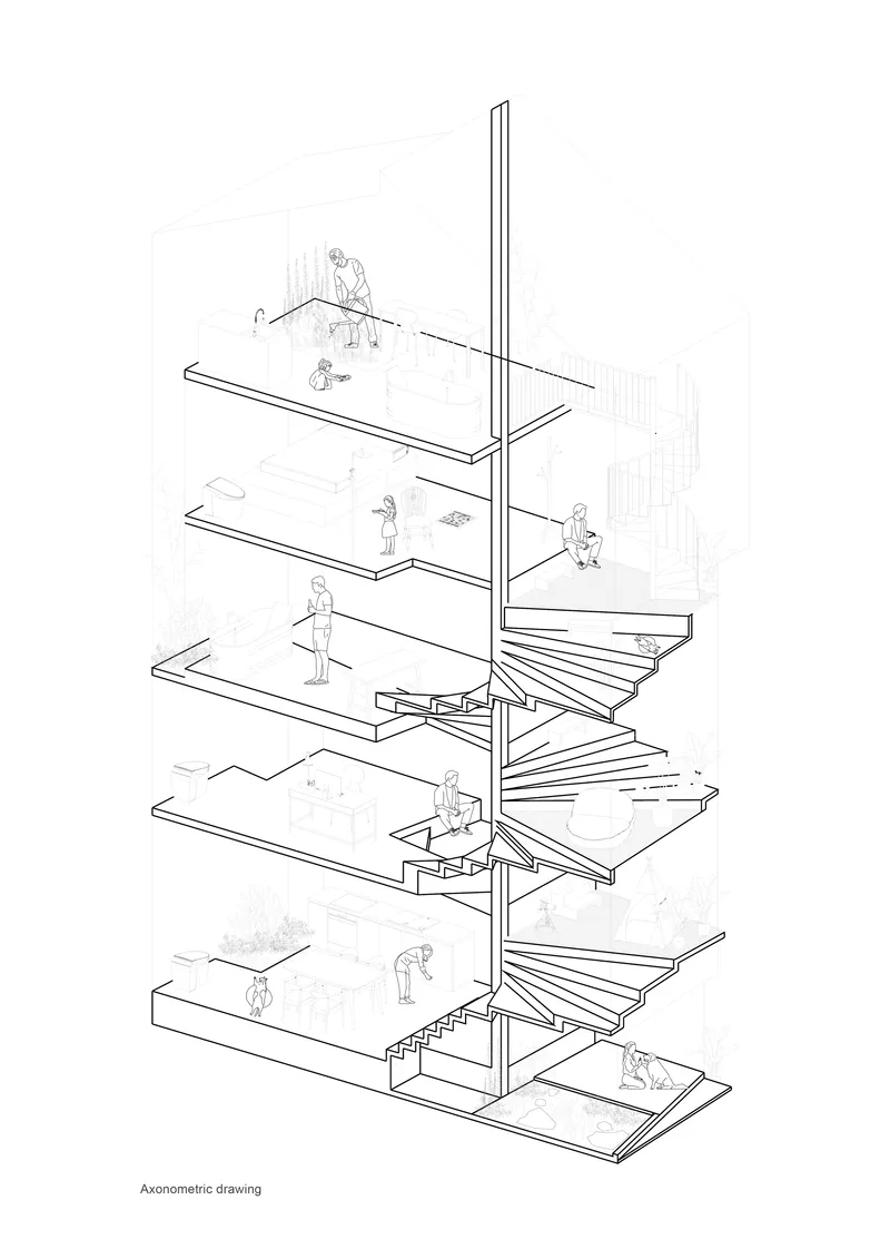Axonometric drawing of a multi-level tower showing stacked floor plates connected by stairs and a central vertical core