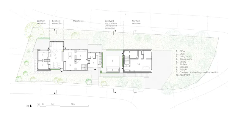 Floor plan drawing showing main house and extensions linked by courtyards with planted areas