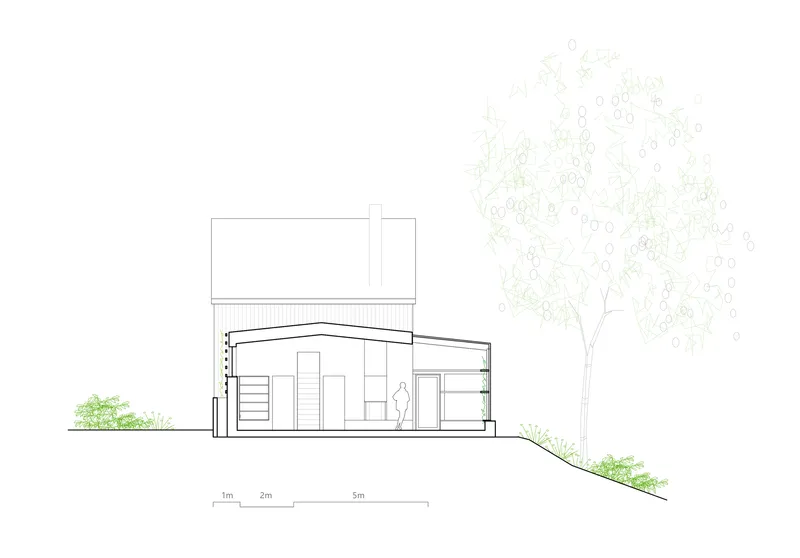 Section drawing showing sloped roof extension with stair and figure on sloping terrain