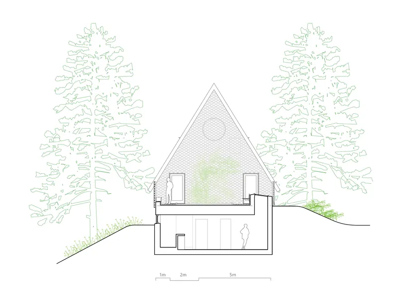 Section drawing showing triangular pitched roof volume with figure and surrounding trees