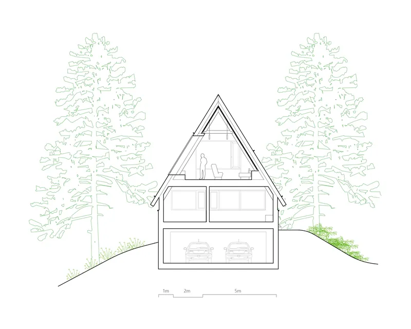 Section drawing showing a steep triangular roof structure with garage below and trees flanking the slope
