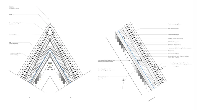 Detail drawings of the pitched roof ridge and eave construction with annotated material callouts