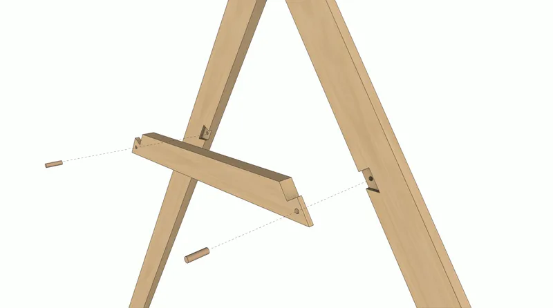 Axonometric detail of timber beam joinery with dowel connections at the apex