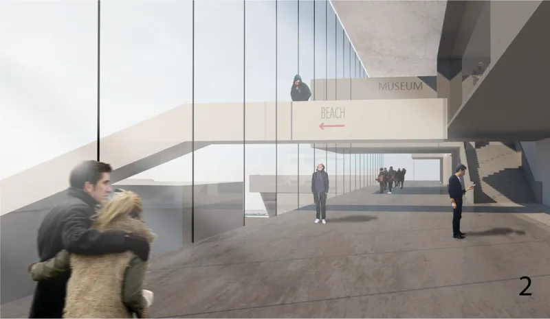 A transparent interior circulation frames views of the sea, connecting museum, public space, and movement.