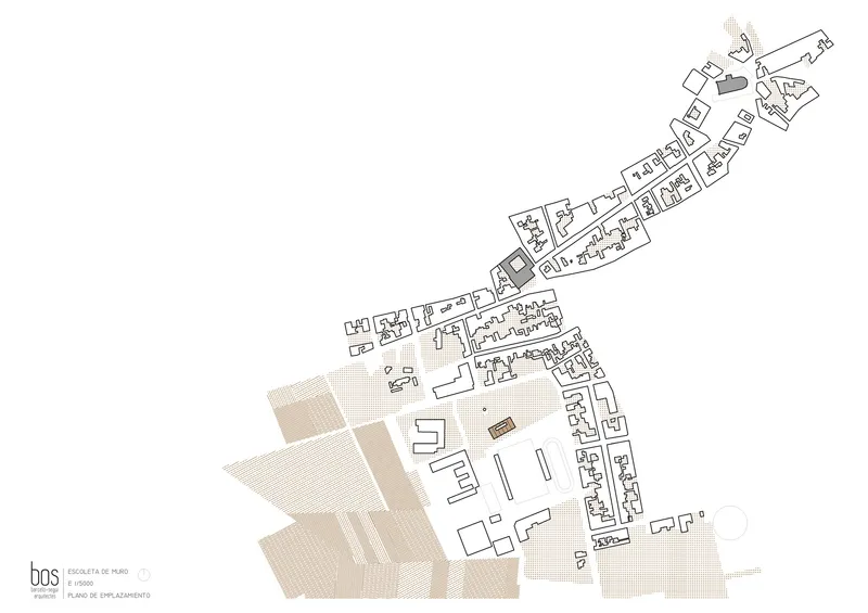 Site plan drawing showing the relationship between a new structure and the surrounding urban fabric