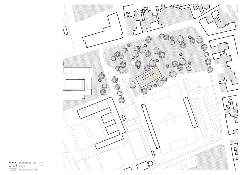 Site plan drawing depicting a landscaped plaza with trees and a central building near athletic fields