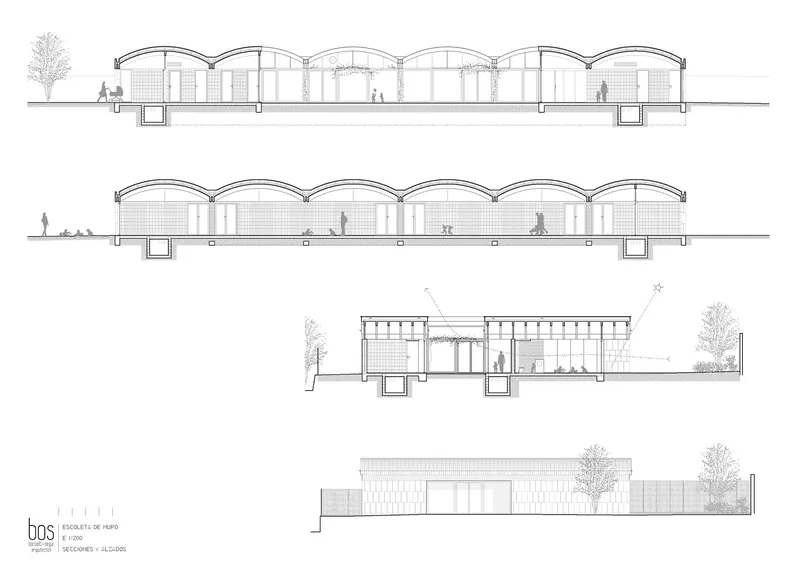 Elevation and section drawings illustrating the repeating barrel vault roof structure with human figures for scale