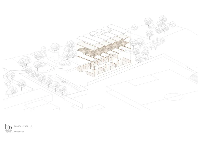 Axonometric drawing of the building complex with a sawtooth roof surrounded by trees