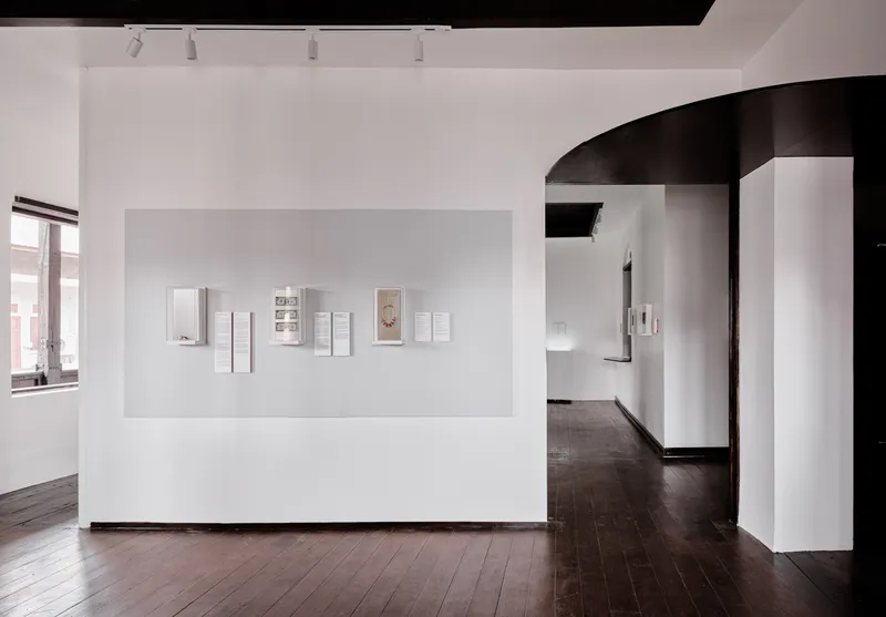 White freestanding gallery wall displaying framed artworks with dark timber flooring and a curved black ceiling insert