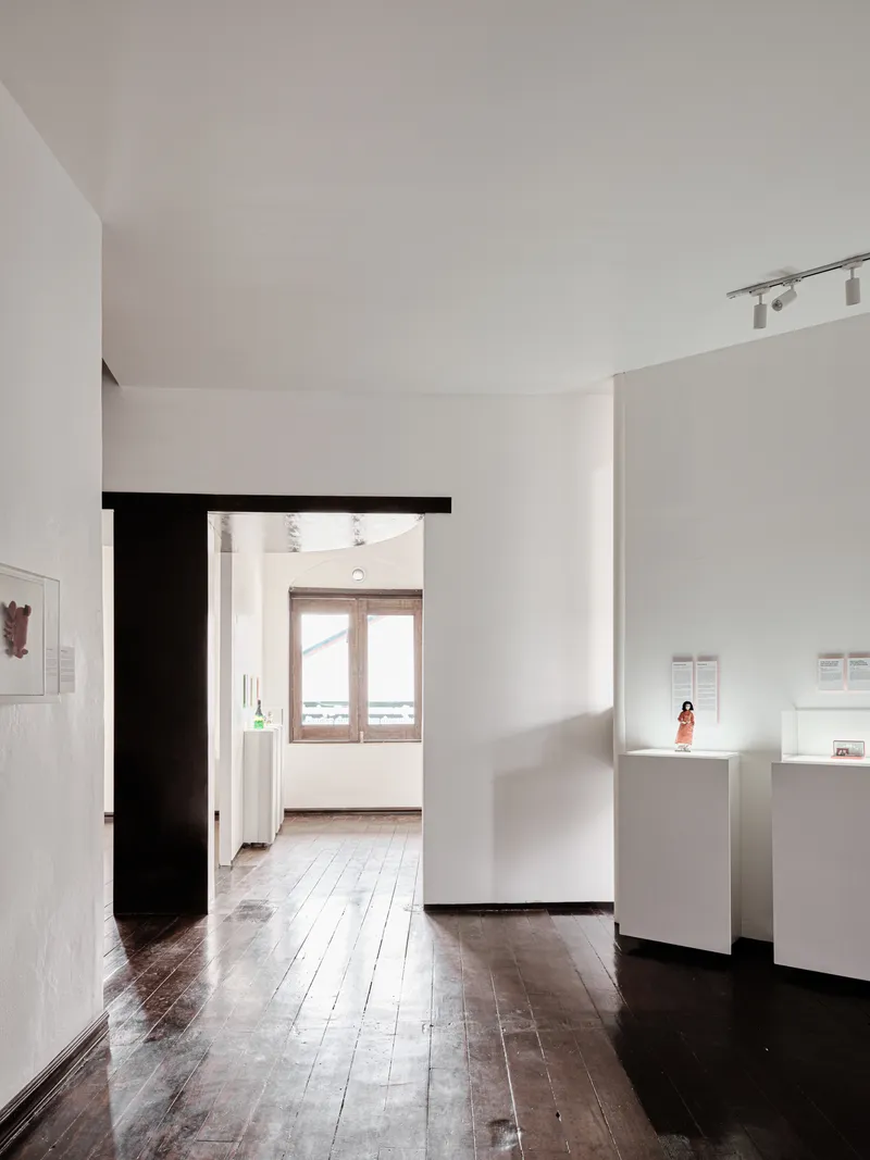 Gallery corridor with a black timber doorframe opening to a sunlit room with timber window shutters