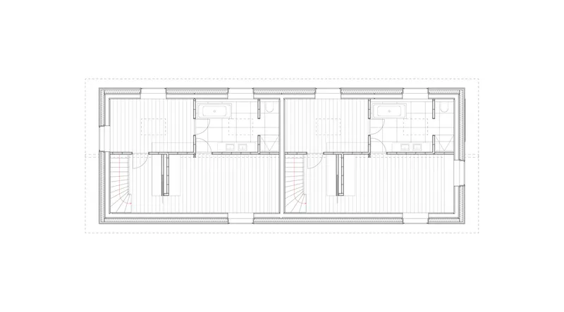 Floor plan drawing showing two symmetrical units each with bathroom, staircase, and bedroom spaces