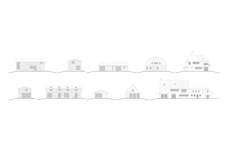 Elevation drawings displaying a row of varied residential structures with pitched roofs and gabled forms