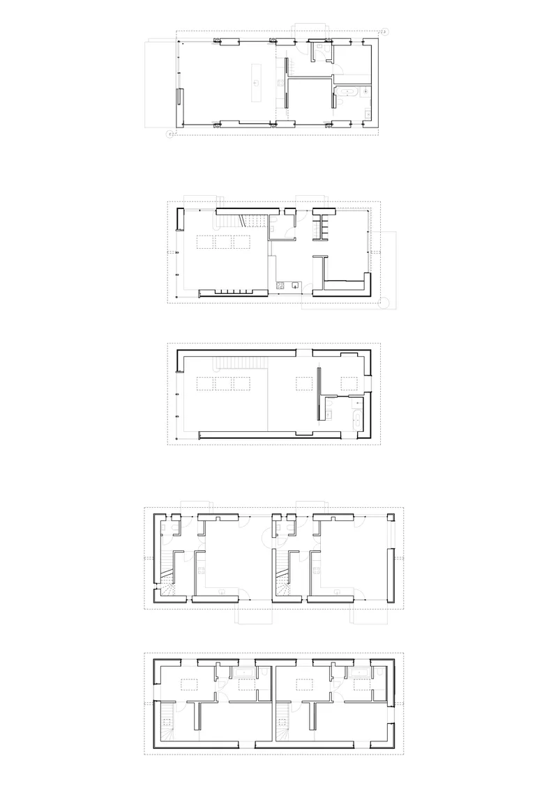 Floor plan drawings showing five different residential layouts with rooms, stairs, and partition walls