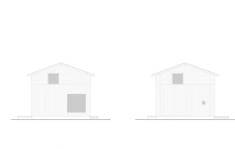 Elevation drawing of a gabled structure with horizontal siding and two square window openings