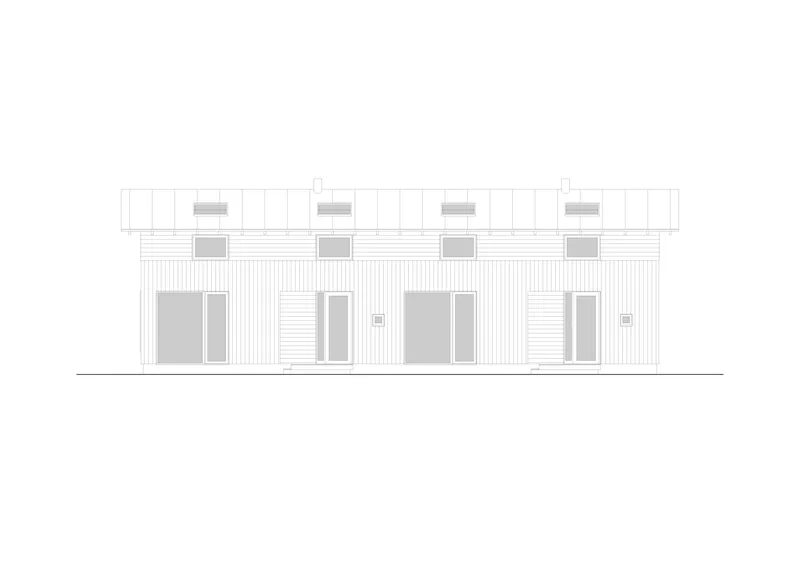 Elevation drawing of a rowhouse facade with four units featuring horizontal siding and dormers above