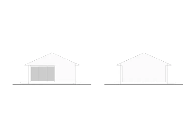 Elevation drawing showing front and side views of a gabled volume with a triple window